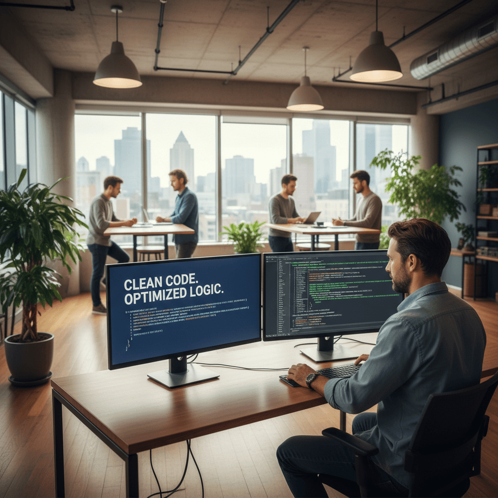 Developer reviewing clean code on dual monitors