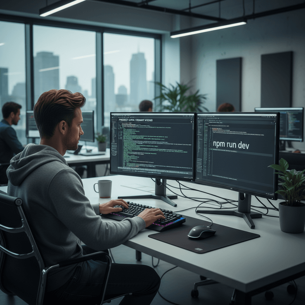 Software developer writing code on dual monitors