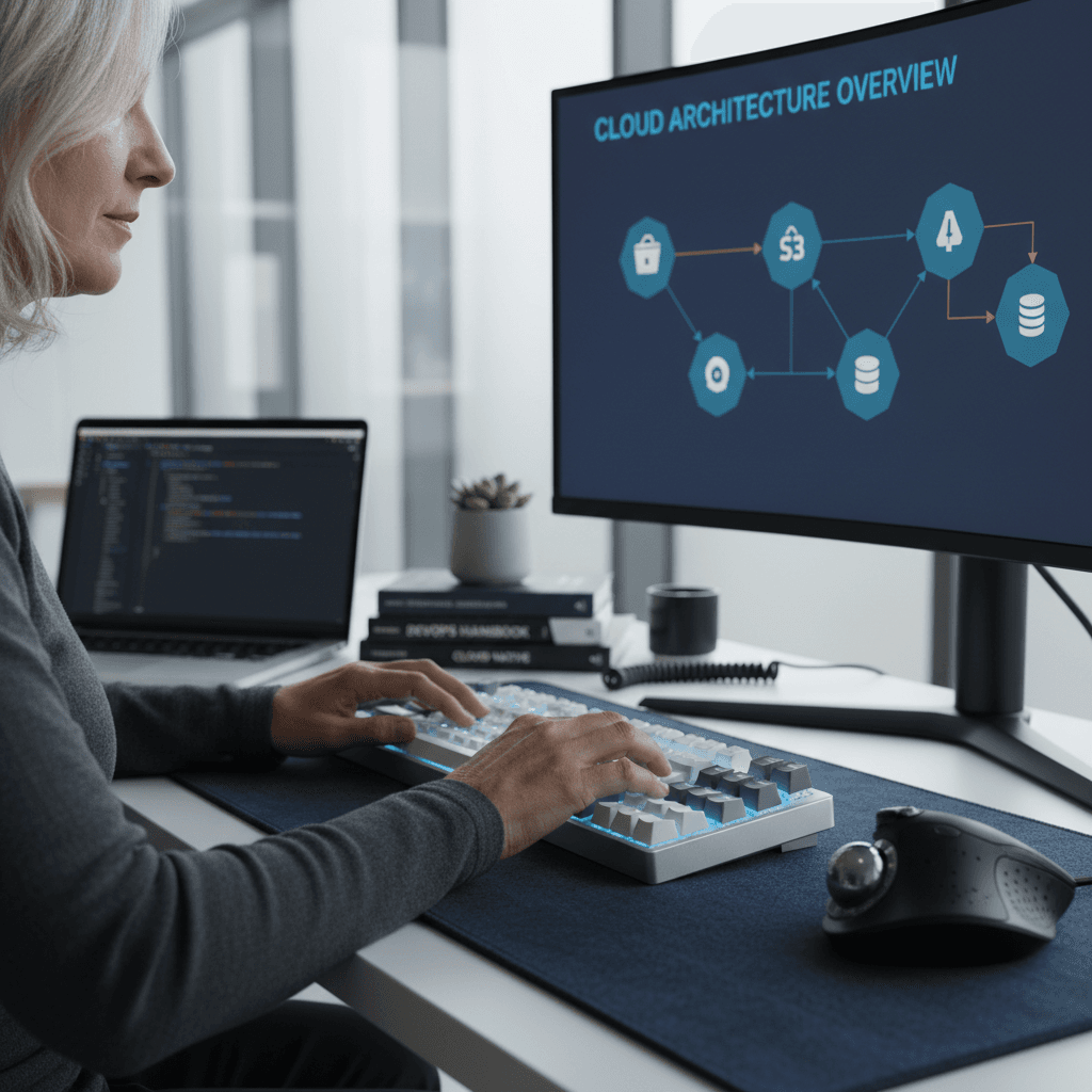 An experienced software architect working on enterprise code across multiple monitors in a bright, professional workspace.