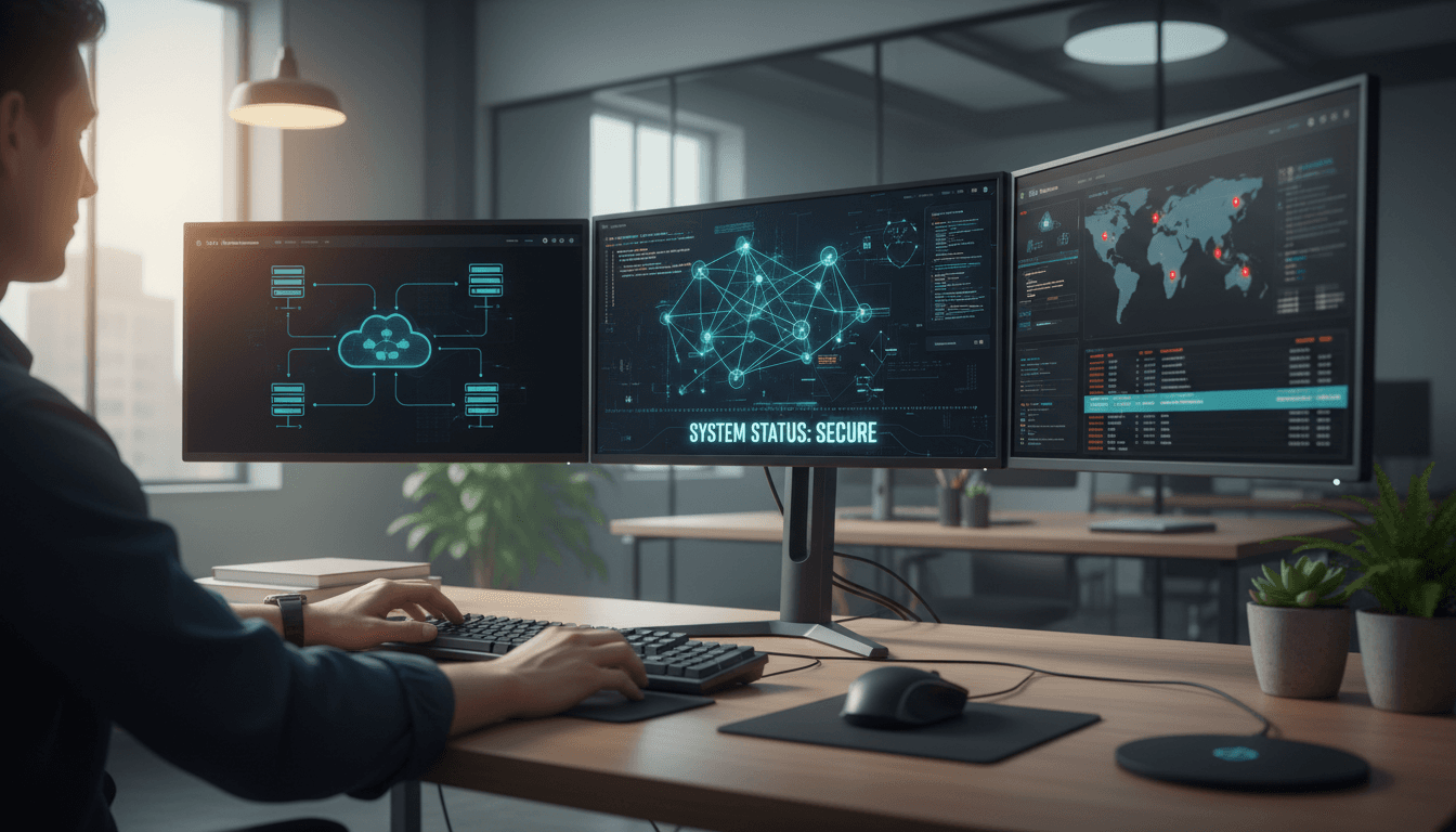 Software developer at workstation with multiple monitors