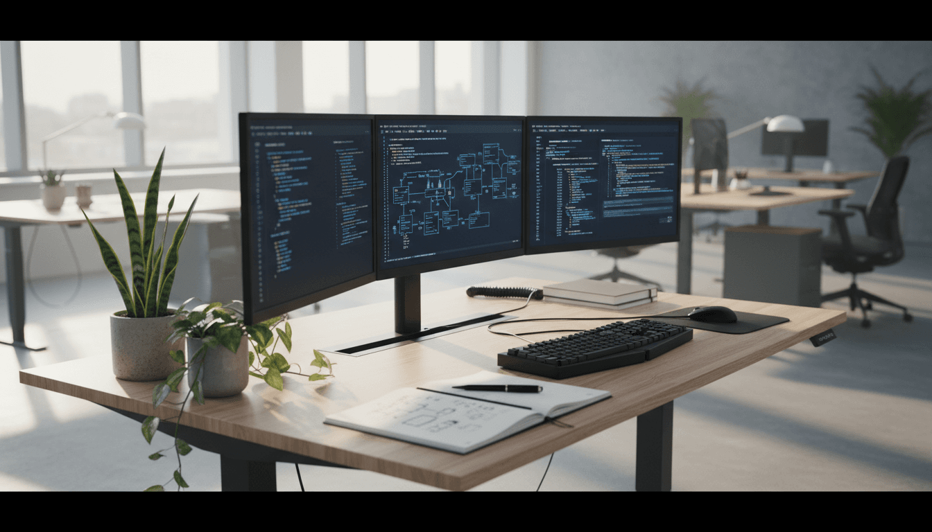 Software developer working on enterprise application code at desk with dual monitors