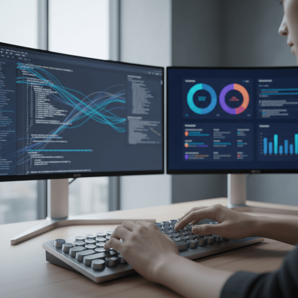 Developer hands typing on mechanical keyboard with code and data dashboards displayed on multiple monitors in bright office